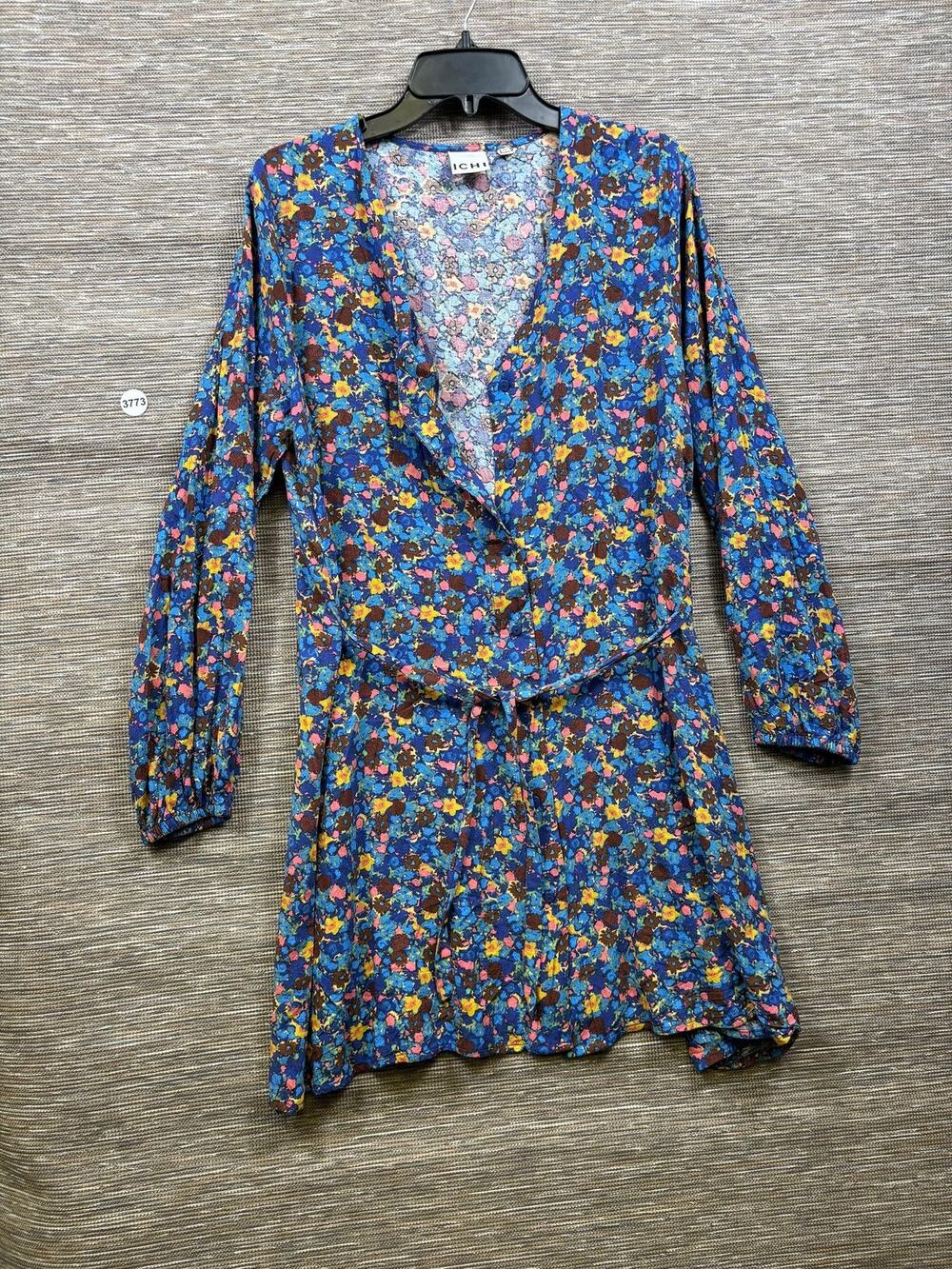 ICHI Dress Womens 38 Blue Floral Wrap V Neck Long Sleeve Belted Short Casual